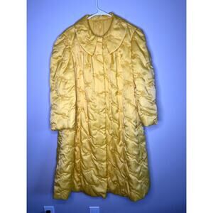 1960s Satin Butter Yellow Acorn Embroidery Quilted Coquette Kawaii Bed Coat XL